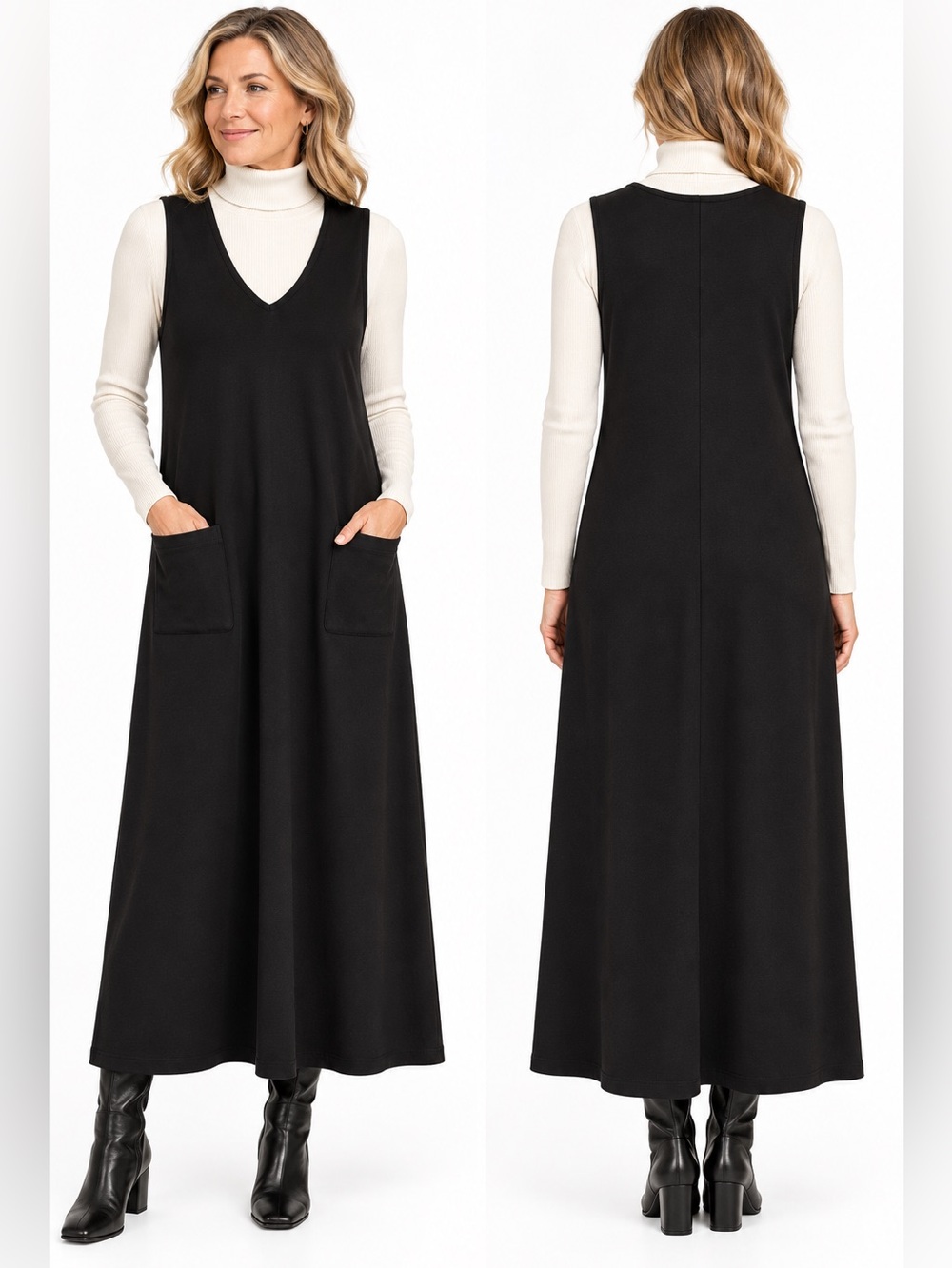 New LL Bean Maxi Black Jumper Dress Heavyweight Cotton Patch Pockets Womens M